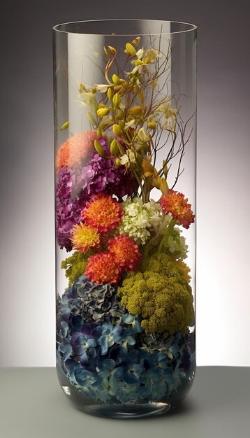 Un vase en verre avec des fleurs dedans et le mot "fleurs" sur le fond.