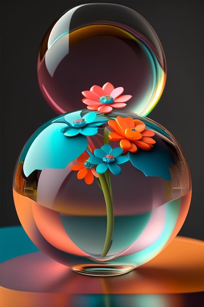 Un vase en verre avec des fleurs et un fond noir.