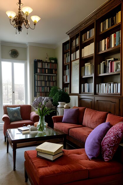 Photo un vase en verre avec des fleurs de lilas sur un canapé dans la pièce intérieure un vase à fleurs et une lampe pour le salon