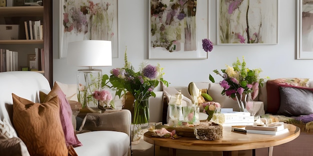 un vase en verre avec des fleurs de lilas et un livre sur un canapé dans la pièce intérieure
