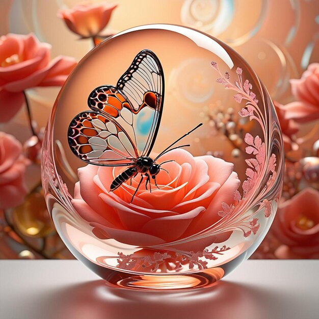 Un vase en verre avec un papillon et des fleurs au fond.