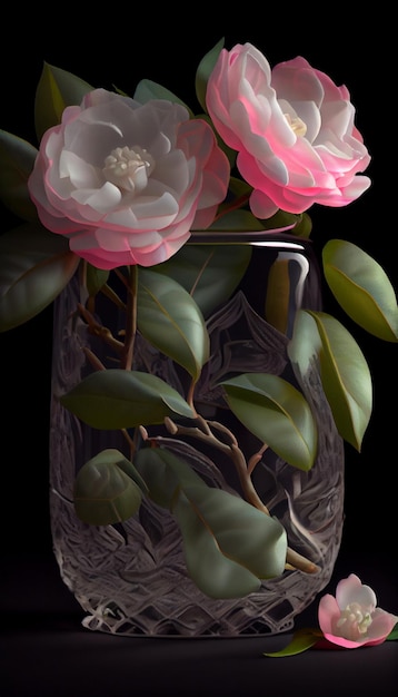 Vase en verre rempli de fleurs roses et blanches générative ai