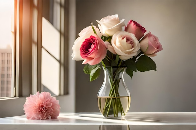 Un vase en verre avec des roses rouges, blanches et roses sur une table avec un fond lumineux doux