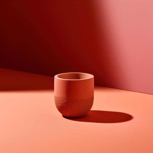 Un vase en verre rouge est sur une table rouge.