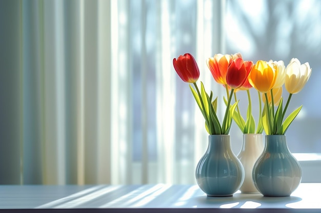 Photo vase en verre avec des tulipes multicolores à la lumière du soleil sur la fenêtre