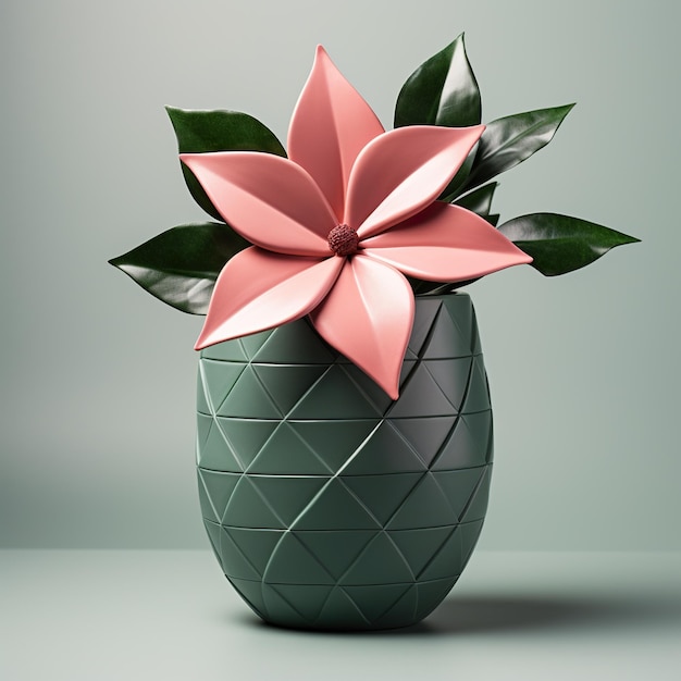 Un vase vert avec une fleur rose dedans image générative ai