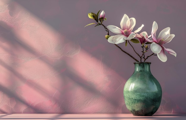 Vase vert avec des fleurs roses sur la table