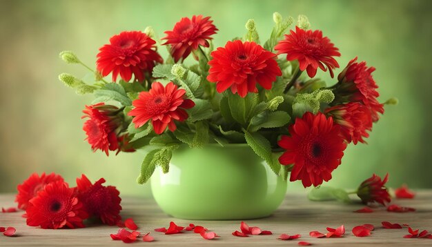 un vase vert avec des fleurs rouges et des pétales rouges sur une table
