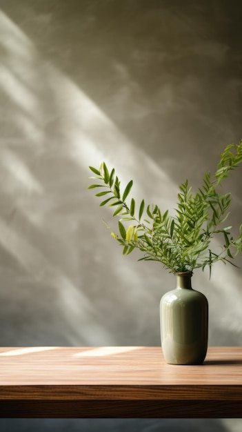 Un vase vert sur une table en bois