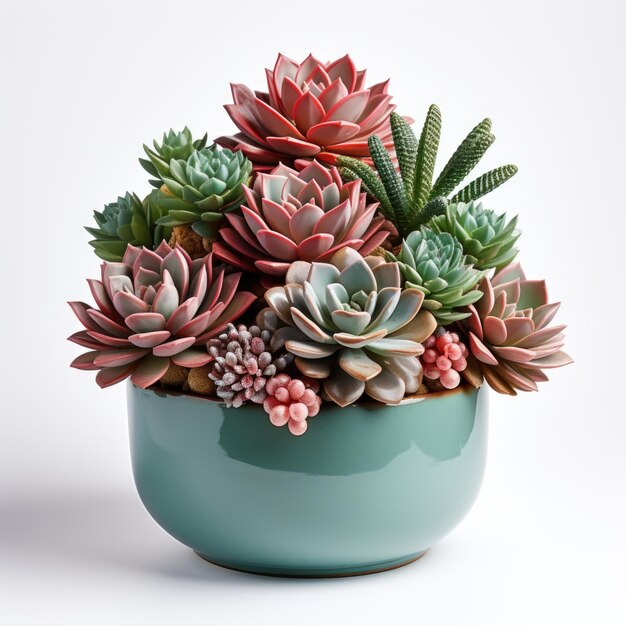 Un vase vert avec une variété de succulentes