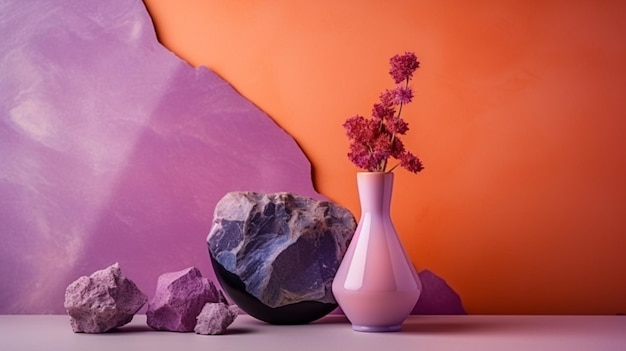 vase violet avec des fleurs et des rochers devant un fond violet