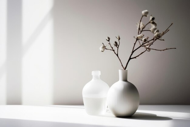 Vases blanches claires avec un vase avec une branche de coton jetant des ombres sur le mur