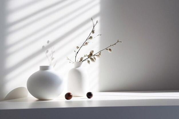 Des vases blancs clairs avec des fleurs séchées jetant des ombres sur le mur