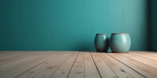 Vases bleus sur un plancher en bois avec un plancher en bois.