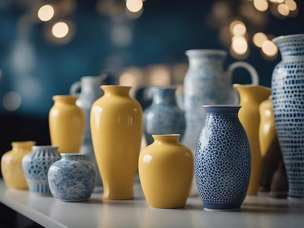 Des vases en céramique sur une table avec un motif jaune et bleu