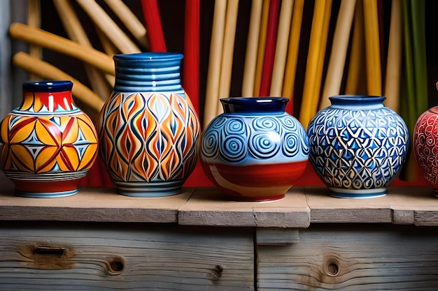 Photo vases colorés sur une étagère en bois avec les mots 