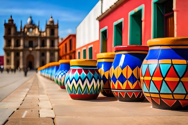 Des vases colorés sont alignés sur un trottoir devant un bâtiment.