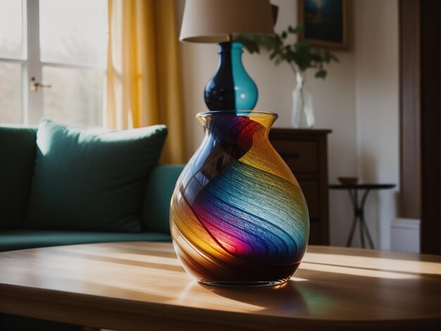 Des vases colorés sur une table dans un salon moderne ai génératif