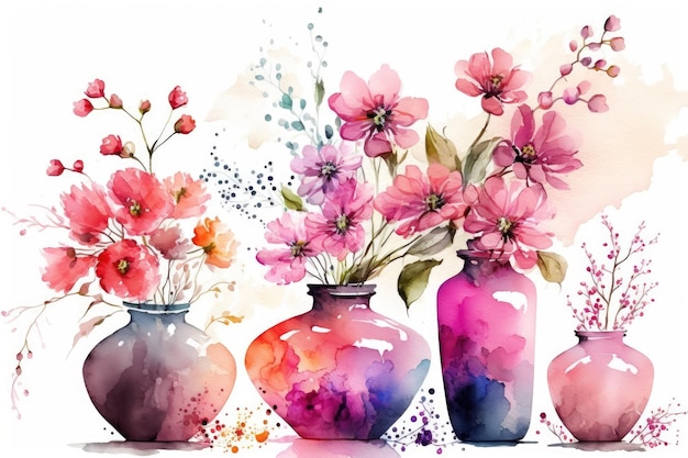Vases de fleurs roses à l'aquarelle