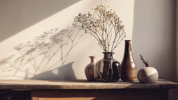 Des vases avec des fleurs séchées jetant des ombres dans la lumière chaude