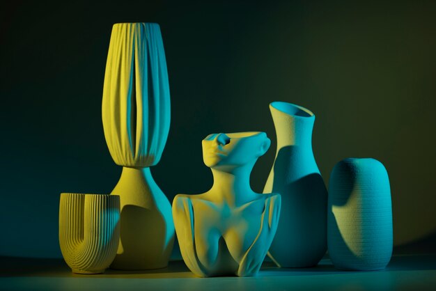 Vases modernes avec arrangement de lumière jaune et bleu