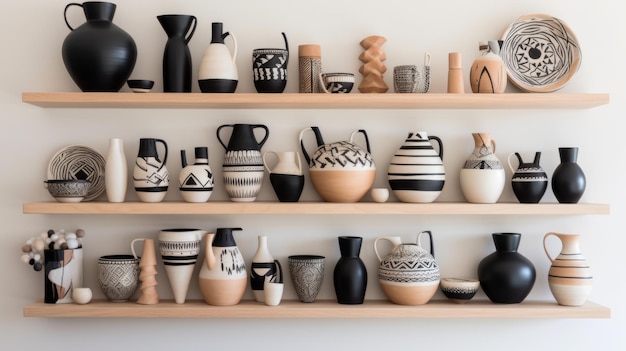 Vases noirs et blancs fabriqués à la main sur une étagère en terre cuite