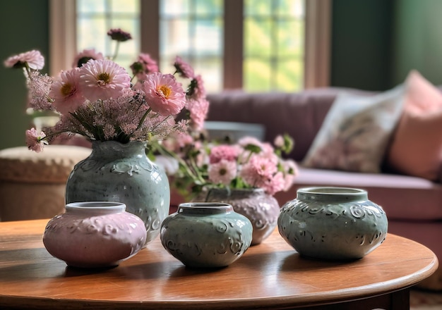 Vases et pots sur une table basse