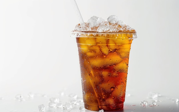 Photo vaso de plastico para estadio con bebida helada sobre fondo blanco (vase de plastique pour le stade avec une boisson glacée sur le fond blanc)