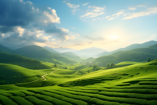 vaste champ d'herbe verte dans le soleil de l'après-midi IA générative