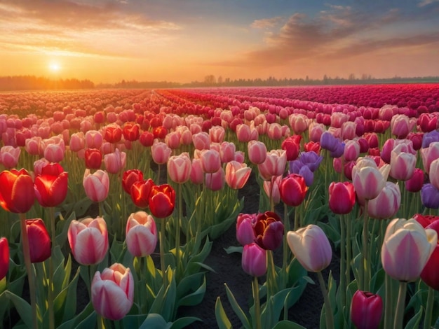 Un vaste champ de tulipes de différentes teintes éclairées par la douce lumière du soleil du matin cela pourrait évoquer un sentiment de fraîcheur et de renouveau