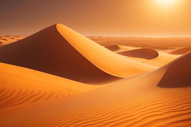 Un vaste désert balayé par le vent avec des dunes de sable mouvantes et un soleil de plomb capturé dans un format hyperréaliste.