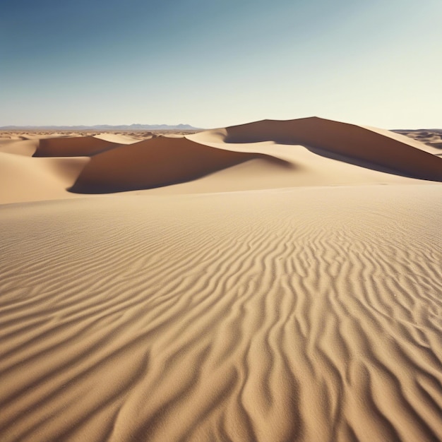 Photo vaste désert avec des dunes de sable et une oasis solitaire au loin soleil chaud et ciel bleu clair paisible