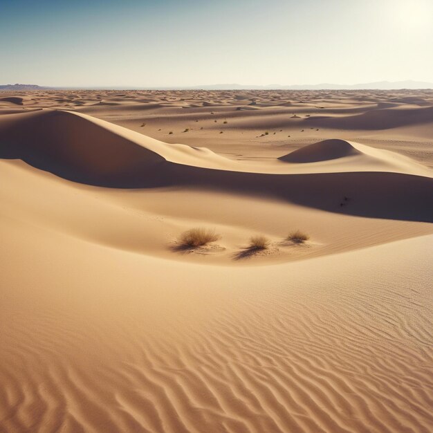 Vaste désert avec des dunes de sable et une oasis solitaire au loin soleil chaud et ciel bleu clair paisible