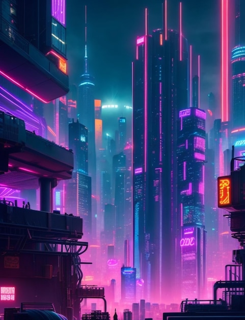 Un vaste paysage urbain d'inspiration cyberpunk avec des flèches imposantes et une horizon ensoleillée