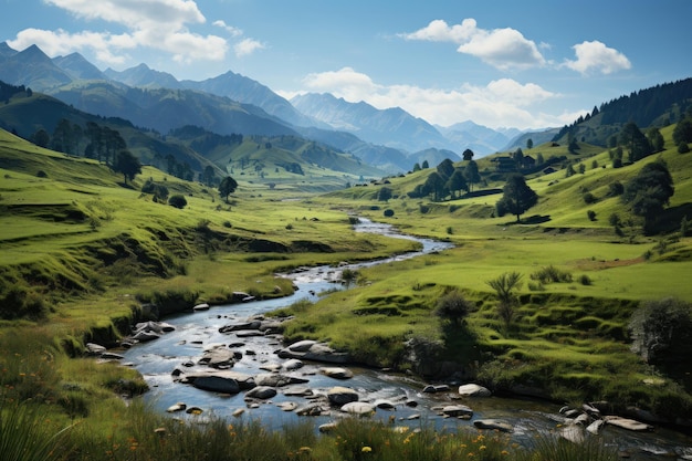 Un vaste paysage vert avec des montagnes de ruisseaux et des fleurs vibrantes sous un ciel serein