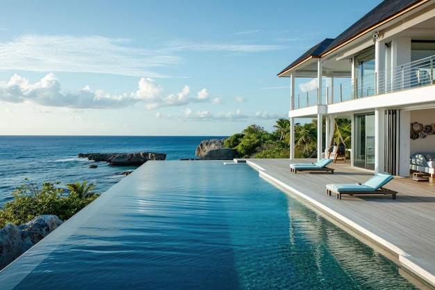 Photo une vaste piscine située à quelques pas de l'océan offrant une vue imprenable sur la mer une maison de plage parfaite surplombant un océan serein