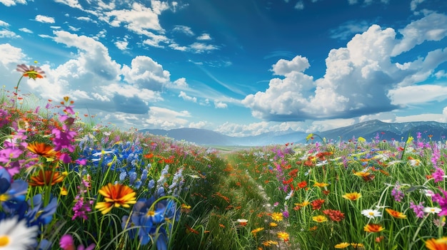 Photo une vaste prairie d'été de fleurs sauvages sous la chaîne de montagnes