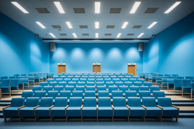 La vaste salle de conférence vide d'une université prestigieuse est parfaite pour les événements éducatifs et les présentations.