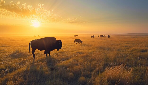 Photo une vaste scène des grandes plaines américaines à l'aube avec des bisons