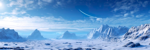 vaste terre de neige désolée grandes montagnes en arrière-plan chutes de neige avec ciel bleu clair et couleurs bleu clair atmosphère paisible AI Generative