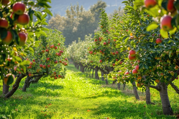 Un vaste verger de pommes rempli de nombreux arbres et d'une herbe verte vibrante Un verger parfait débordant de fruits mûrs et juteux sous un ciel clair