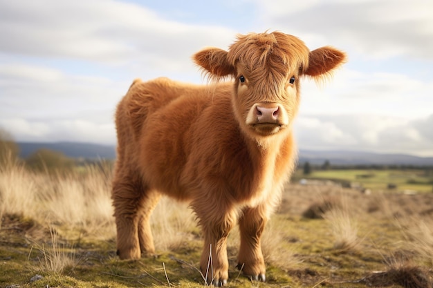 Photo veau de bovins highland à l'état sauvage