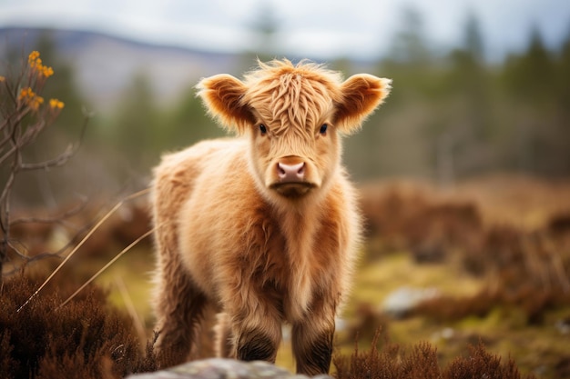 Photo veau de bovins highland à l'état sauvage