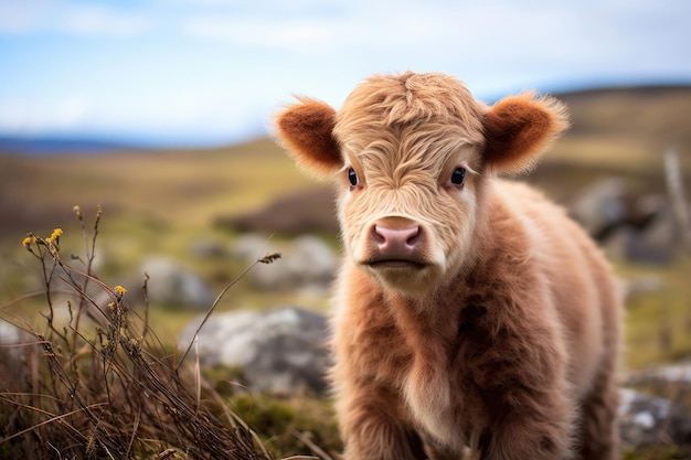 Photo veau de bovins highland à l'état sauvage