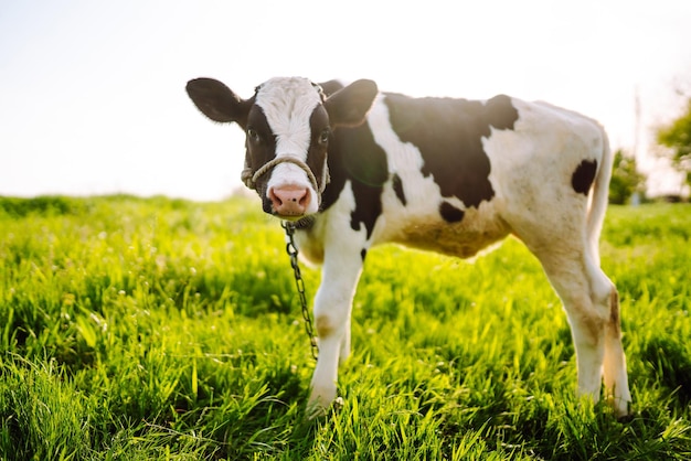 Veau mangeant de l'herbe verte sous le ciel bleu Bébé animal de la ferme