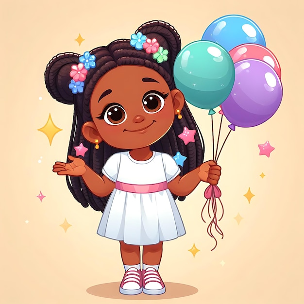 vecteur d'anniversaire un dessin animé d'une fille avec des ballons et des étoiles