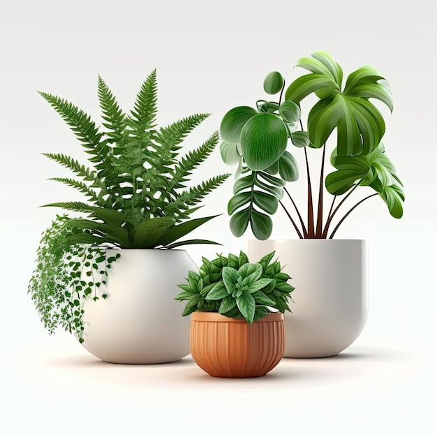 Photo vecteur défini plante d'intérieur en pot vue de face réaliste illustration 3d verte de plante d'intérieur isolée sur fond blanc ai générative