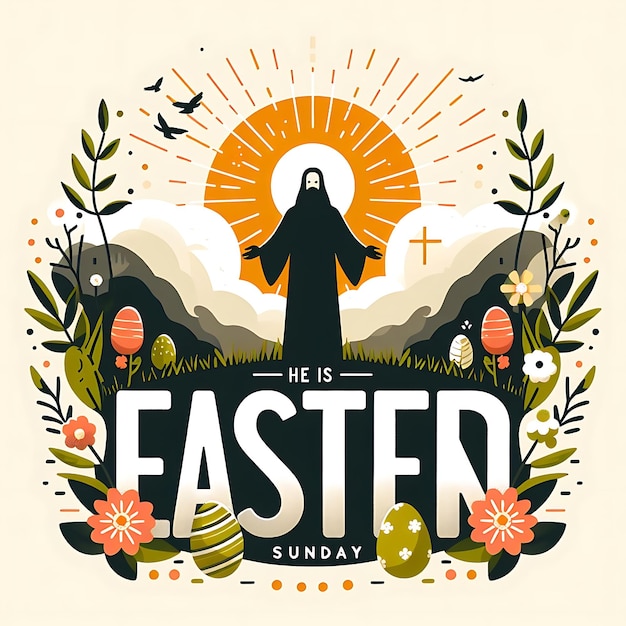 vecteur dimanche de Pâques une affiche d'un visage de Jésus est montrée avec un soleil et des fleurs