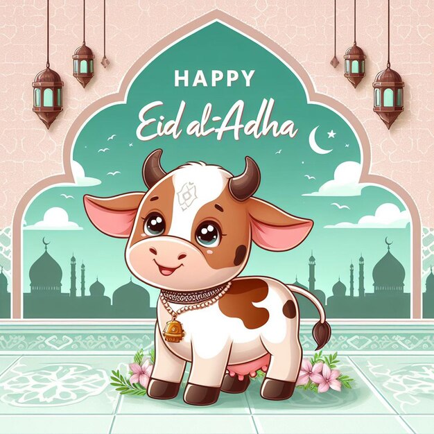 vecteur Eid Al Adha avec une mignonne vache et un fond de mosquée