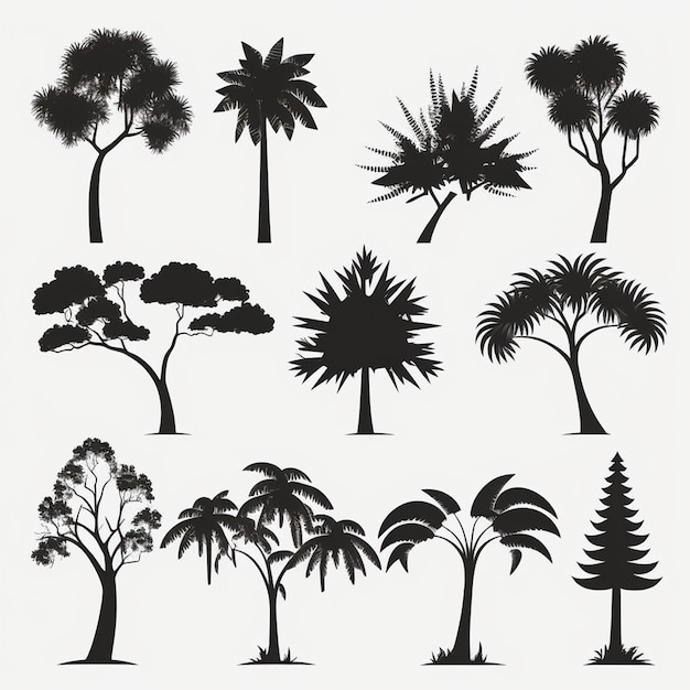 Vecteur d'ensemble des silhouettes d'arbres et de forêts